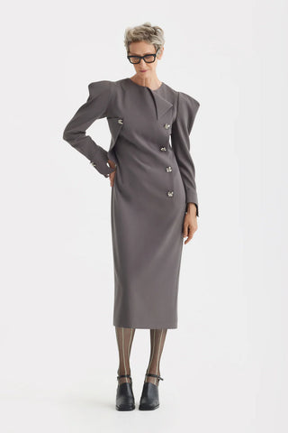 Rochie midi dreaptă de seară cu umeri sculptați – Taupe