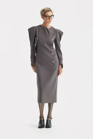 Rochie midi dreaptă de seară cu umeri sculptați – Taupe