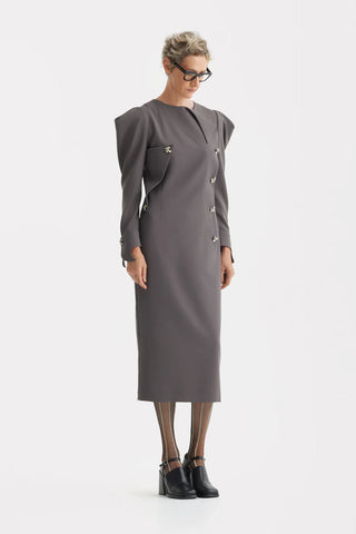 Rochie midi dreaptă de seară cu umeri sculptați – Taupe
