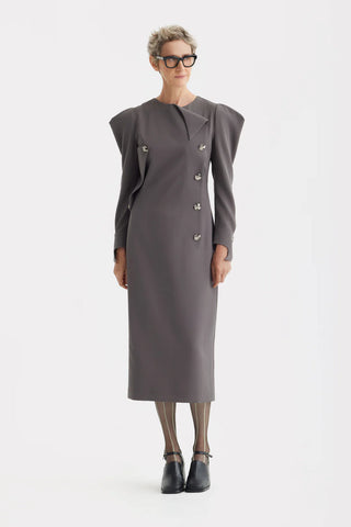 Rochie midi dreaptă de seară cu umeri sculptați – Taupe