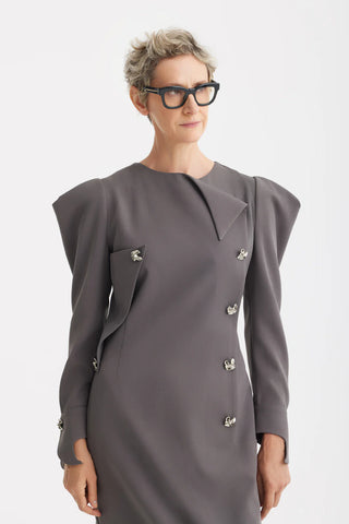 Rochie midi dreaptă de seară cu umeri sculptați – Taupe