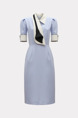 Rochie Elegantă Cambrată cu Guler Alb – Stil de la Birou la Seară, Albastru Deschis