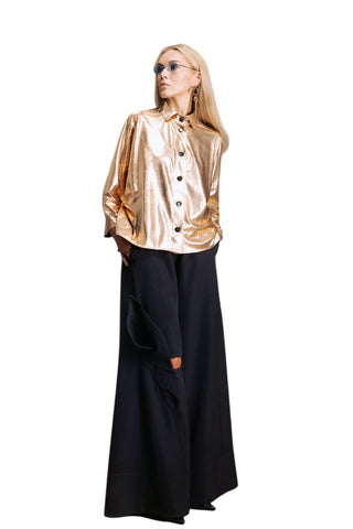 Wide Flared Trousers With Calla Flower Black