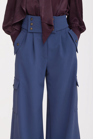 High-Waisted Flared Cargo Trousers – Blue Grey
