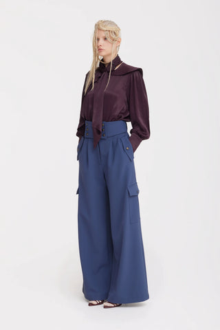 High-Waisted Flared Cargo Trousers – Blue Grey