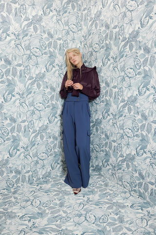 High-Waisted Flared Cargo Trousers – Blue Grey