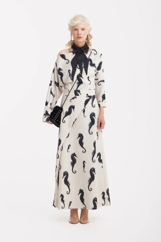 Boat Neck Blouse & Wrap Skirt Co-Ord Set - Light Beige Seahorse Print - Capsule Edition