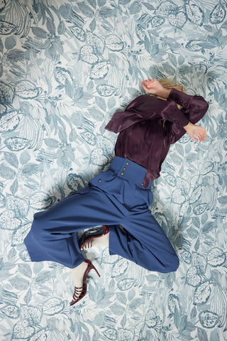High-Waisted Flared Cargo Trousers – Blue Grey