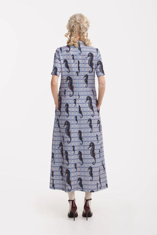 Pale Blue Seahorse Grid Print Fluid A-Line Dress – Capsule Edition