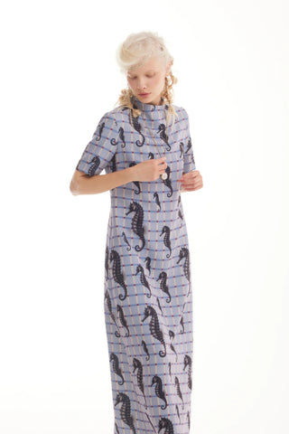 Pale Blue Seahorse Grid Print Fluid A-Line Dress – Capsule Edition