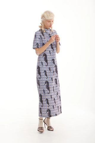 Pale Blue Seahorse Grid Print Fluid A-Line Dress – Capsule Edition