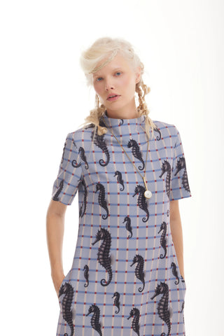 Pale Blue Seahorse Grid Print Fluid A-Line Dress – Capsule Edition