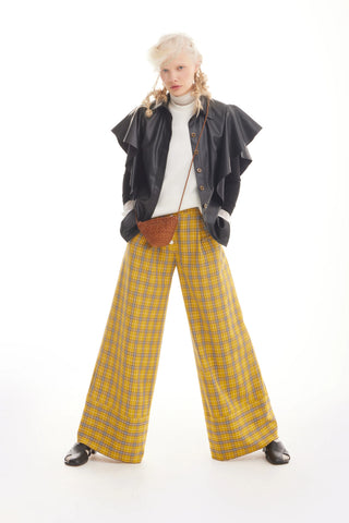 Button Front Palazzo Trousers - Mustard Plaid