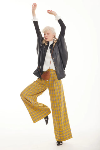 Button Front Palazzo Trousers - Mustard Plaid