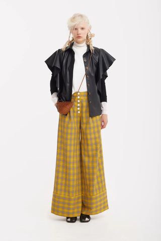 Button Front Palazzo Trousers - Mustard Plaid