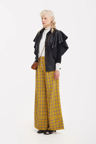 Button Front Palazzo Trousers - Mustard Plaid