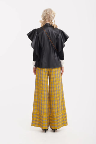 Button Front Palazzo Trousers - Mustard Plaid