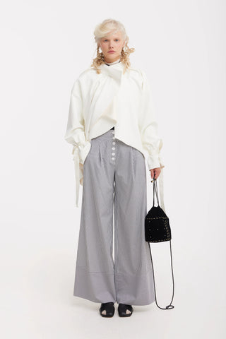 Button Front Palazzo Trousers - Blue Stripe
