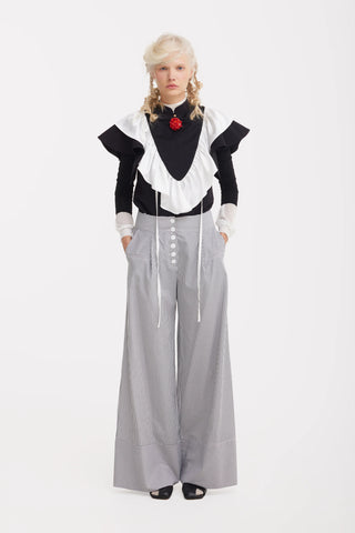 Button Front Palazzo Trousers - Blue Stripe