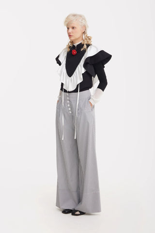 Button Front Palazzo Trousers - Blue Stripe