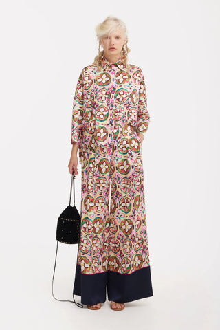 Abstract Print Satin Shirt & Wide Leg Trousers Co-Ord Set