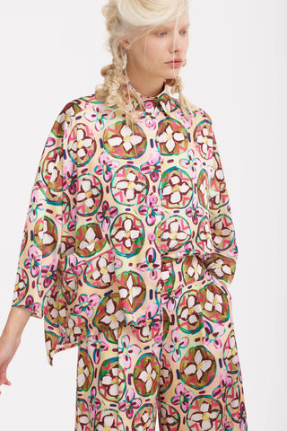 Abstract Print Satin Shirt & Wide Leg Trousers Co-Ord Set