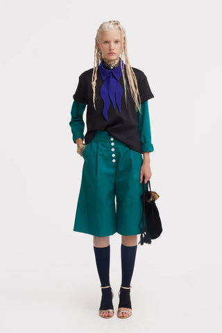 Button Front Wide-Leg Bermuda Shorts - Green
