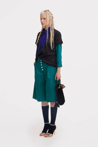 Button Front Wide-Leg Bermuda Shorts - Green