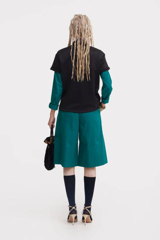 Button Front Wide-Leg Bermuda Shorts - Green