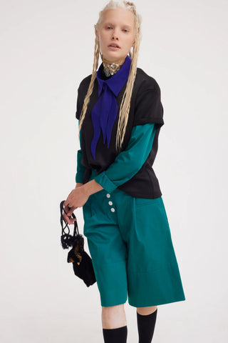 Button Front Wide-Leg Bermuda Shorts - Green