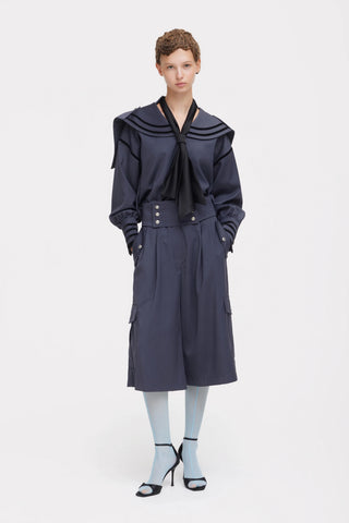 Contrast Piping Sailor Collar Tie Front Blouse – Grey Blue