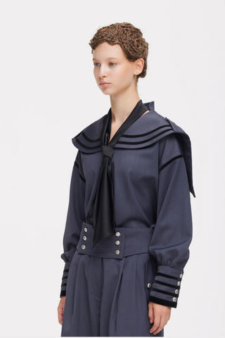 Contrast Piping Sailor Collar Tie Front Blouse – Grey Blue