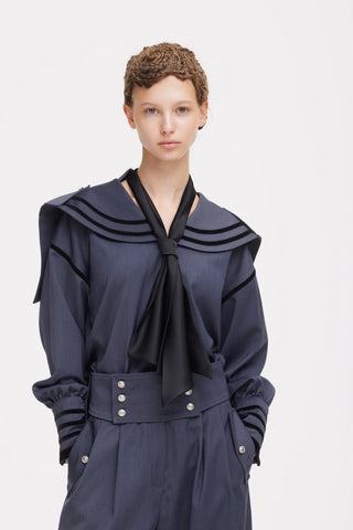 Contrast Piping Sailor Collar Tie Front Blouse – Grey Blue