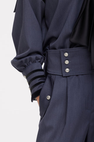 Contrast Piping Sailor Collar Tie Front Blouse – Grey Blue