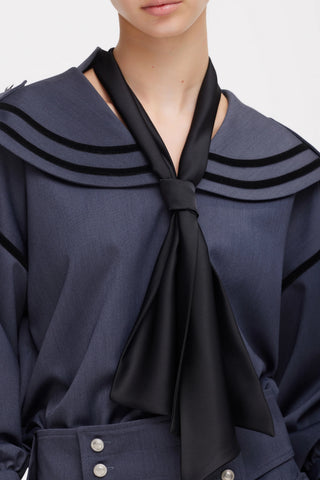Contrast Piping Sailor Collar Tie Front Blouse – Grey Blue