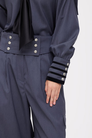 Contrast Piping Sailor Collar Tie Front Blouse – Grey Blue
