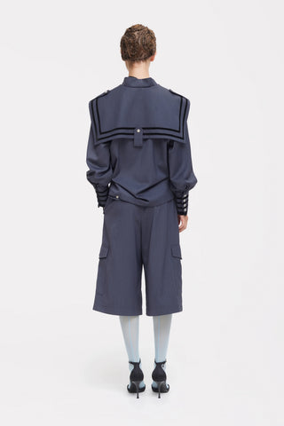 Contrast Piping Sailor Collar Tie Front Blouse – Grey Blue