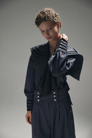 Contrast Piping Sailor Collar Tie Front Blouse – Grey Blue