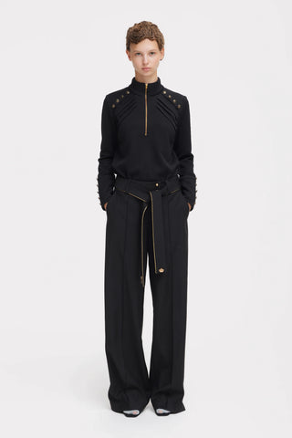 Textured Knit Long Sleeve Zip-Up Top – Black