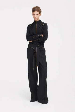 Textured Knit Long Sleeve Zip-Up Top – Black