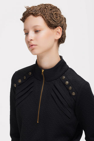 Textured Knit Long Sleeve Zip-Up Top – Black