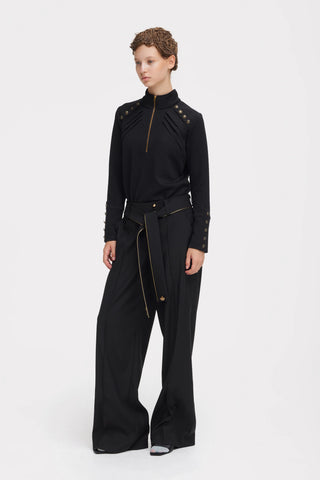 Textured Knit Long Sleeve Zip-Up Top – Black