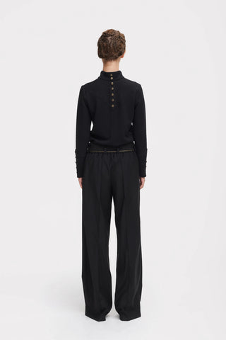 Textured Knit Long Sleeve Zip-Up Top – Black