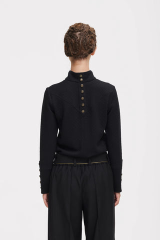 Textured Knit Long Sleeve Zip-Up Top – Black