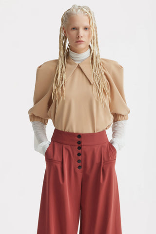 Pantaloni palazzo cu nasturi în partea frontală – teracotă