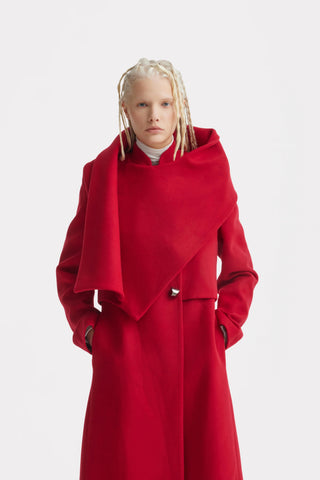 Elegant Long Draped Transformer Mid-Season Coat – Red