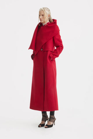 Elegant Long Draped Transformer Mid-Season Coat – Red