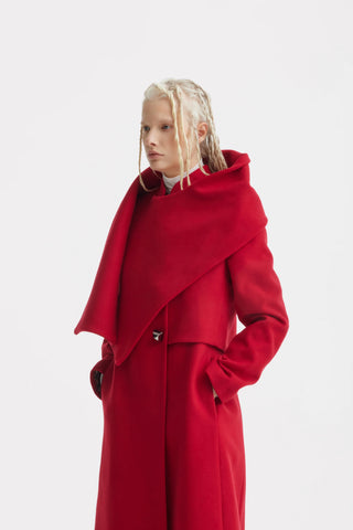 Elegant Long Draped Transformer Mid-Season Coat – Red