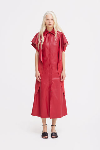 Draped Sleeve Faux Leather Midi Dress – Red