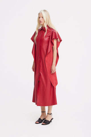 Draped Sleeve Faux Leather Midi Dress – Red